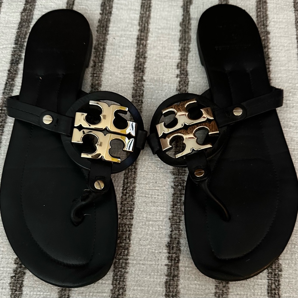 Tory Burch Black Sandals with Metallic Emblem